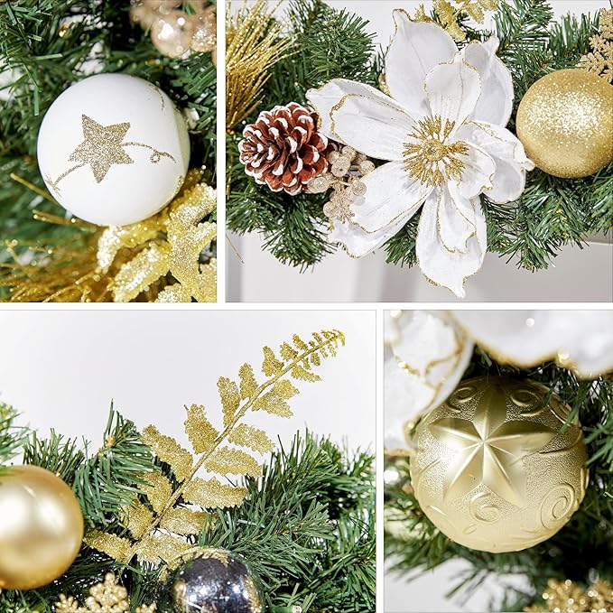 WBHome Pre-lit 6 Feet/72 Inch Christmas Garland, White & Gold Lighted Garland with 35 LED Lights for Indoor Outdoor Xmas Decor Holiday Decorations, Battery Operated (Batteries NOT Included)