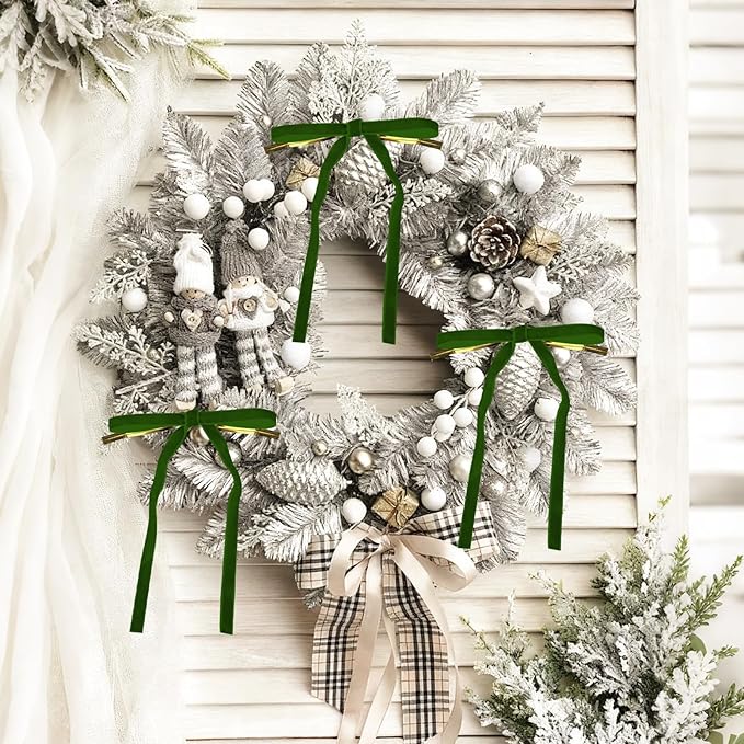 24 Pcs Velvet Bows for Christmas Tree Ribbon Bows for Home Tree Garland Wreath Indoor Rustic Crafts Gift Xmas Decorations Holiday Wedding Outdoor (Dark Green)