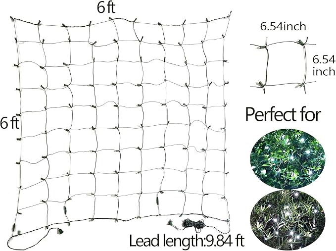 HISHINY LED Christmas Net Lights Outdoor,6ftx6ft 144LED Green Wire, Connectable Indoor Outdoor Bush Mesh Net Lights String for Halloween Christmas Party,Shrub,Yard,Tree（Cool White）