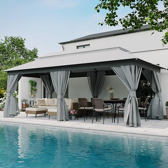LAUSAINT HOME Semi-permanentPatio Gazebo 10'x20' with Expansion Bolts, Outdoor Heavy Duty Party Shelter with Double Roofs, Mosquito Nettings and Privacy Screens for Backyard, Garden, Lawn, Smoke Grey