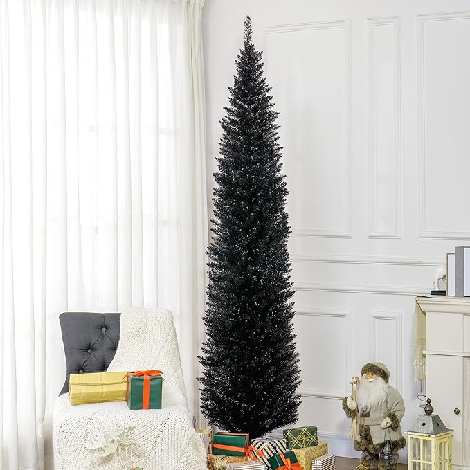 HOMCOM 8' Artificial Pencil Christmas Tree, Slim Xmas Tree with 618 Realistic Branch Tips and Plastic Stand, Black