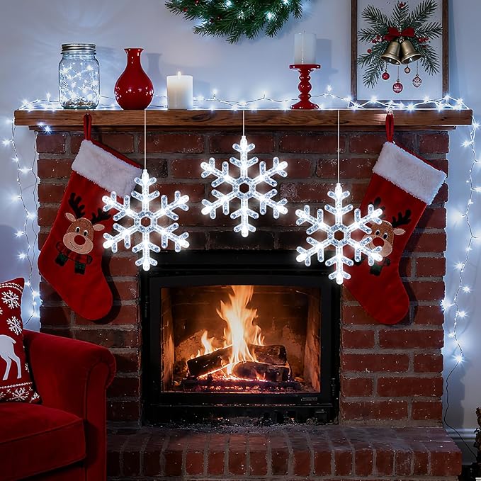 3Pack Christmas Window Lights Decorations with Timer,Battery Powered White Lighted Snowflake Shaped LED String Sucker for Xmas 2026 Hanging Fireplace Window Indoor Decor