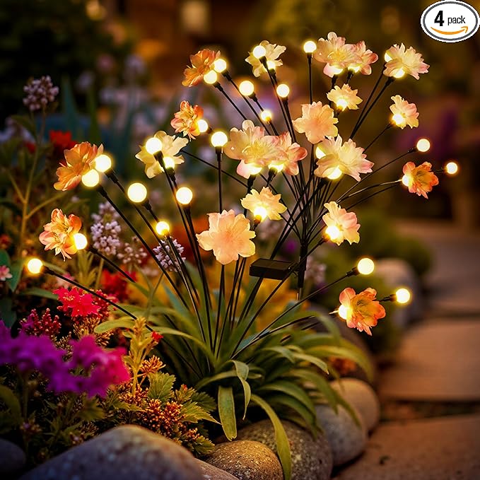 Solar Garden Lights, Decorative Solar Flowers Light for Outside, Decorative Christmas Lights, Outdoor Christmas Decorations, Fairy Lights for Patio Porch Yard Decor (4 Pack)