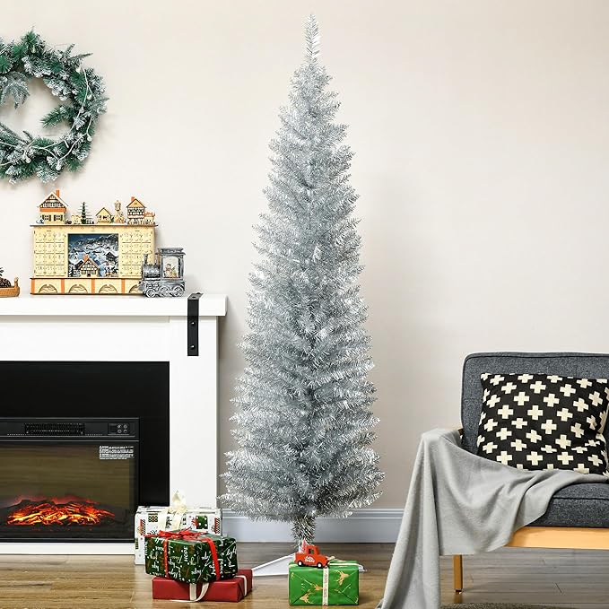 HOMCOM 6' Artificial Pencil Christmas Tree, Slim Xmas Tree with 390 Realistic Branch Tips and Plastic Stand, Silver