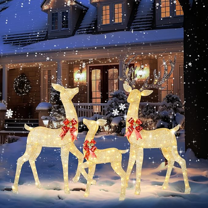 72Inch Light Up Reindeer Outdoor Christmas, 3-Piece 3D Gold Reindeer Christmas Decoration with 240 LED Warm White Lights Deer for Yard Patio Lawn Garden Party, Gold