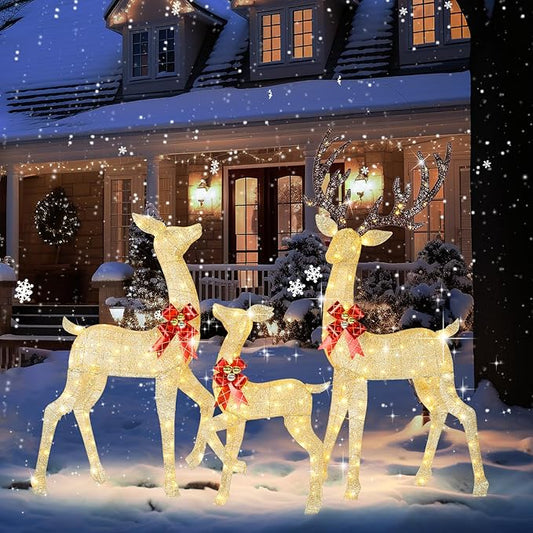 72Inch Light Up Reindeer Outdoor Christmas, 3-Piece 3D Gold Reindeer Christmas Decoration with 240 LED Warm White Lights Deer for Yard Patio Lawn Garden Party, Gold