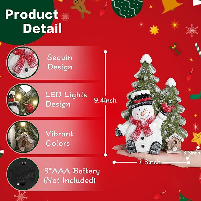 Christmas Snowman Decor with Led Lights,Snowman Statues and Figurines for Indoor Christmas Decorations,Winter Holiday Xmas gifts for Women,Xmas Statues with Timer for home Office Table Shelf Fireplace