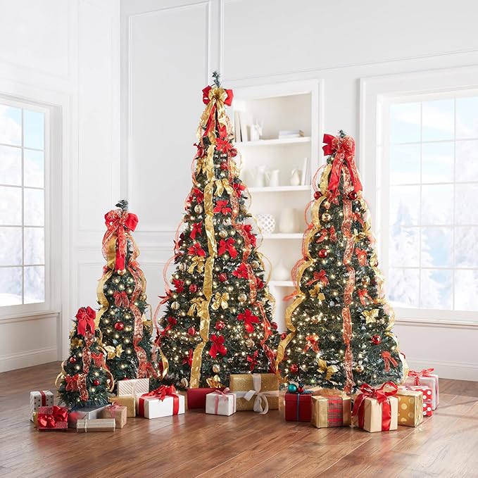 BrylaneHome 4.5 Ft Fully Decorated Pre-Lit Pop-Up Christmas Tree with 100 Warm Lights & Included Stand, Collapsible, Easy Assembly - Poinsettia