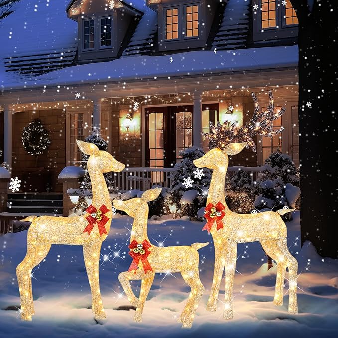 3-Piece 5Ft Lighted Christmas Deer Family Set, 3D Outdoor Christmas Decorations Yard with 280 Warm White LED Lights for Outdoor Front Yard Patio Lawn Garden Porch - Gold