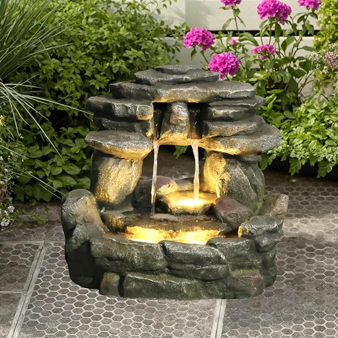 15.6''H Small Rock Water Fountain Outdoor&Indoor, 3-Tier Garden Waterfall with Warm Lights and 2 Flows for Patio, Backyard, Deck, Porch, Home DéCor, Stone Gray