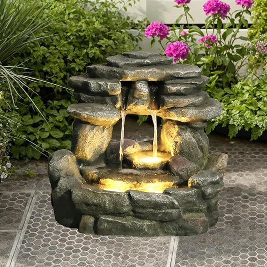15.6''H Small Rock Water Fountain Outdoor&Indoor, 3-Tier Garden Waterfall with Warm Lights and 2 Flows for Patio, Backyard, Deck, Porch, Home DéCor, Stone Gray