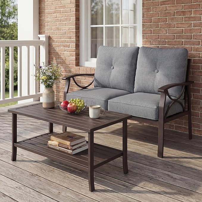 2-Pieces Outdoor Patio Furniture Set, Outdoor Metal Sectional Furniture with Cushions, Outdoor Conversation Set with Coffee Table for Balcony, Deck, Backyard, Garden, Grey