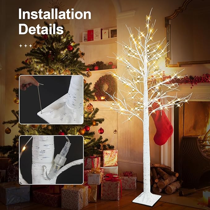 Set of 4 - Birch Tree with LED Lights, 2FT 4FT 5FT 6FT White Christmas Tree, Prelit Artifical Tree Outdoor Christmas Decorations, Lighted Twig Tree, Indoor Outdoor Home Yard Chirstmas Decor
