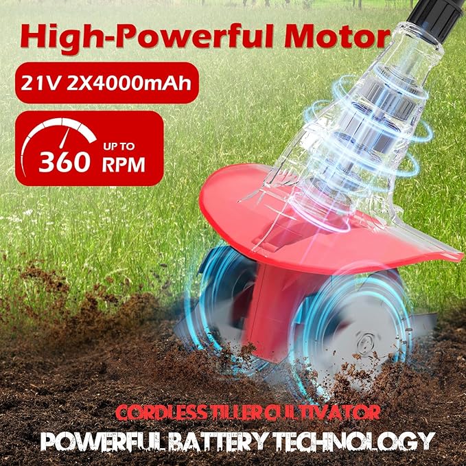 21V Cordless Electric Tiller for Gardening, 360 RPM Garden Tiller with 2¡¿4.0AH Batteries & Charger, 9 Width, 6.3 Depth, Battery Powered Mini Cultivator, Portable Rototiller for Lawn Soil Cultivation