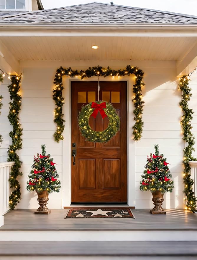 BLOSMON Outdoor Christmas Tree for Porch: 2 Sets 24 Inch Timer Prelit Planter Bushes with 10 Red Cardinals - Remote 60 Lights 8 Modes - Small Pot Urn Filler for Front Door Pathway Yard Decor