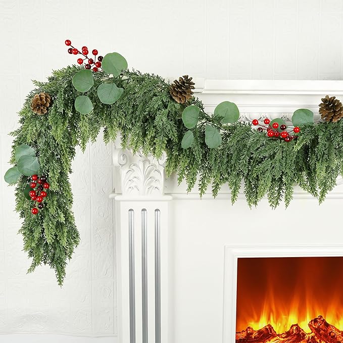 6ft Christmas Garland Realistic Soft and Thickness Green Faux Cedar Pine Garland Artificial Cedar Cypress Garland with Red Berries for Home Fireplace Wall Indoor Outdoor Holiday Party Decoration