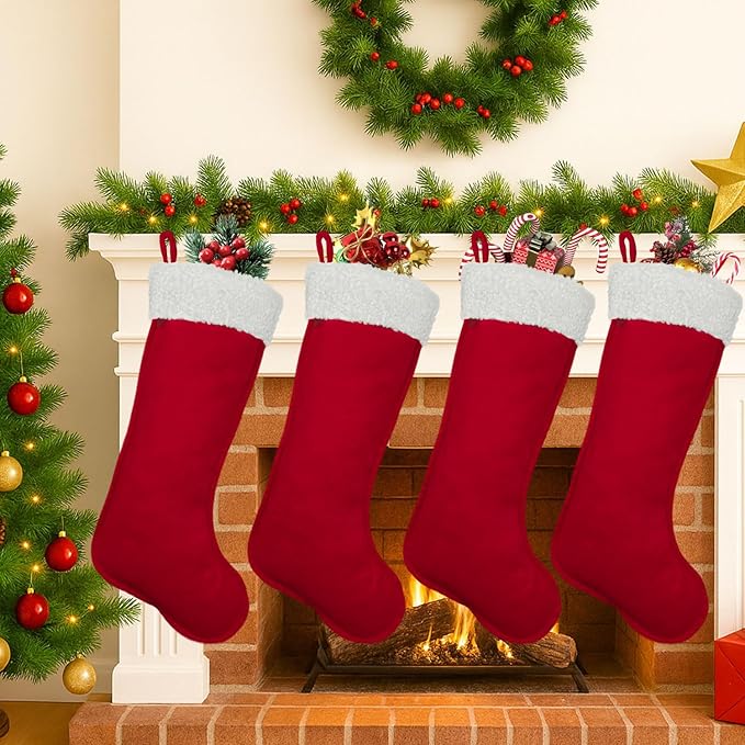 6Pack Large Christmas Stockings for Family Holiday Decor Merry Christmas Tree Fireplace 20" Traditional Xmas Bulk Stockings (6, Red-Grain-Large)