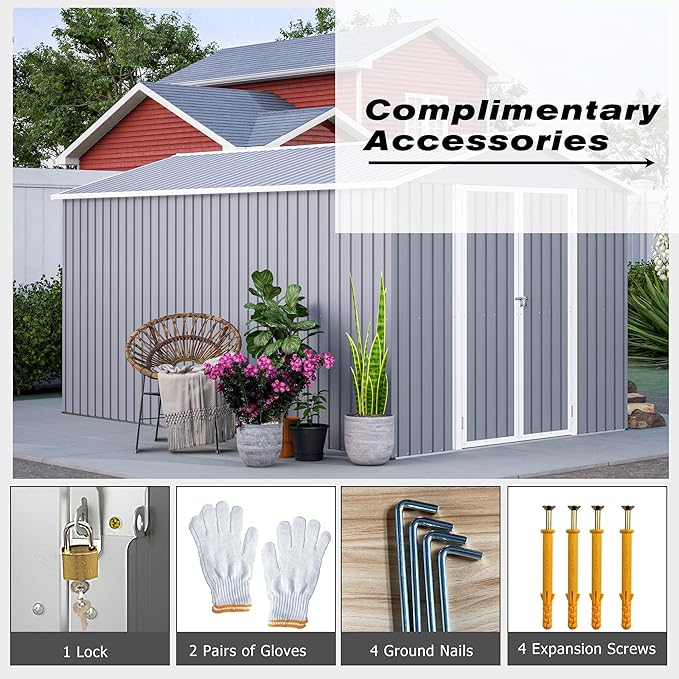 8x12 FT Outdoor Storage Shed with Gable Roof, Lockable Double Doors & Adjustable Side Door, Weatherproof with Frame Floor, Large Metal Utility Shed for Garden, Backyard, Patio