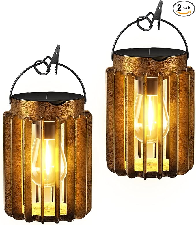 Solar Lanterns Outdoor Waterproof, Brighter Up to 12 Hrs Outdoor Hanging Solar Lights, Outside Hanging Lanterns for Garden Porch Patio Yard Decor, Gifts for Women Mom Father 2 Pack