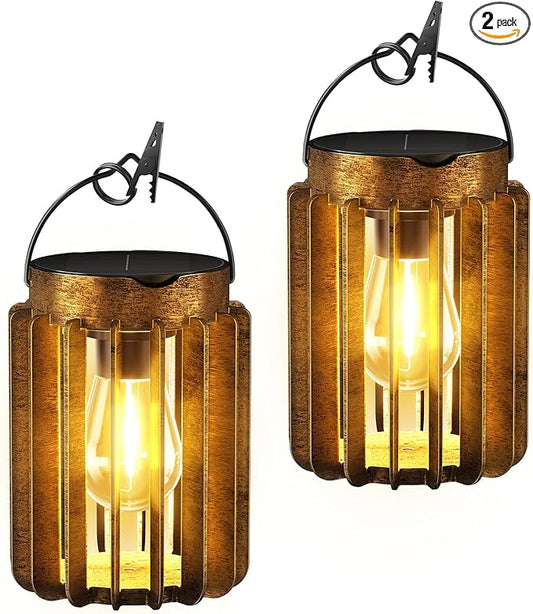 Solar Lanterns Outdoor Waterproof, Brighter Up to 12 Hrs Outdoor Hanging Solar Lights, Outside Hanging Lanterns for Garden Porch Patio Yard Decor, Gifts for Women Mom Father 2 Pack