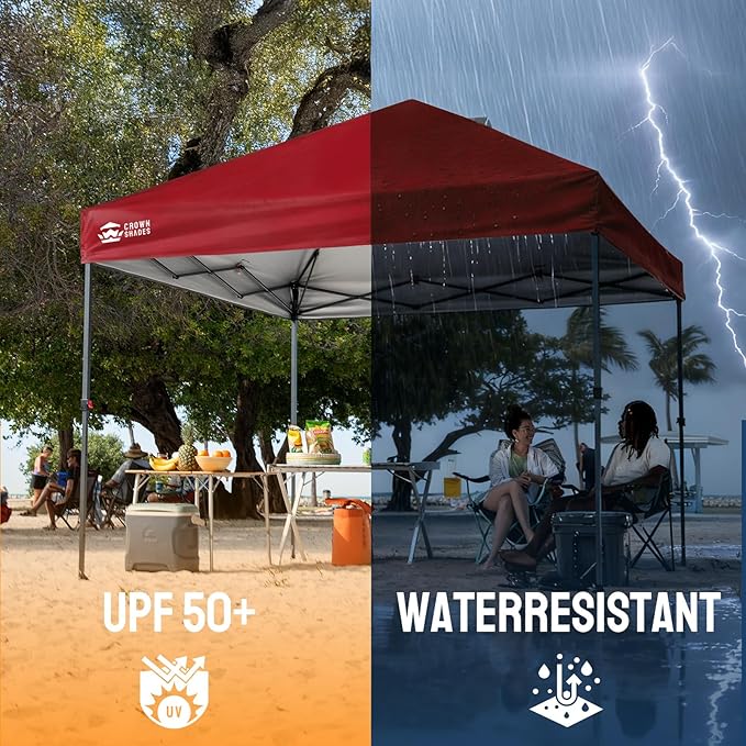 CROWN SHADES 10x10 Pop Up Canopy Tent - Patented Center Lock One Push Instant Outdoor Canopy Beach Tent with STO-N-Go Bag 8 Stakes & 4 Sand Bags，Red