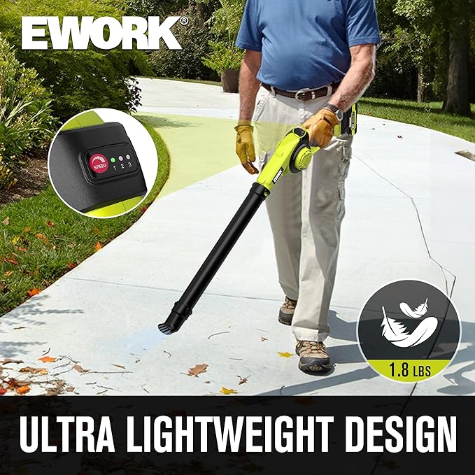 EWORK Small Leaf Blower Cordless 21V Powerful 130CFM/200MPH Mini Electric Leaf Blower with Battery and Fast Charger, Lightweight Leaf Blowers for for Lawn Care, Patio, Blowing Leaves