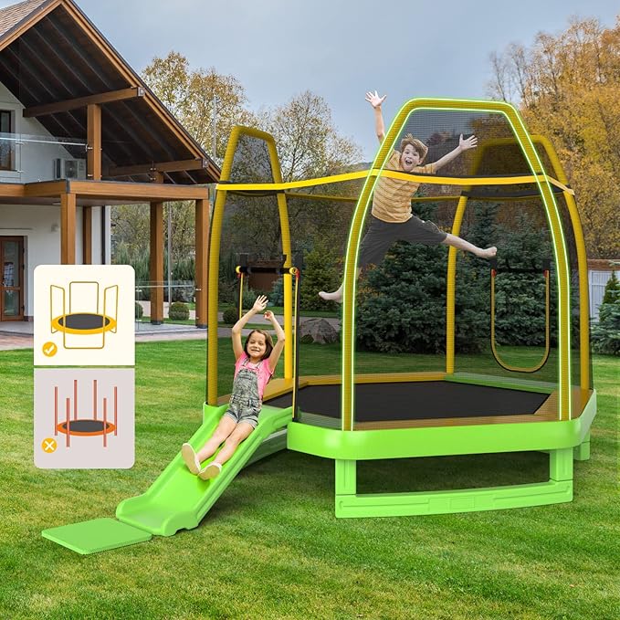 Goplus 7 FT Kids Trampoline with Slide, 87¡± ASTM Approved Toddler Trampoline with Galvanized Steel Frame & Safety Enclosure Net, Ladder, Indoor Outdoor Recreational Rebounder for Kids