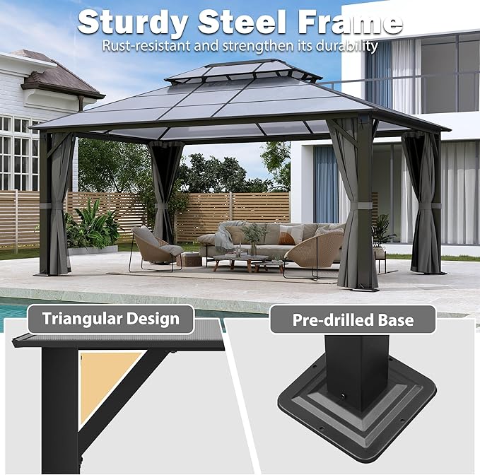 Hardtop Gazebo 12' x 16', Patio Gazebos with Polycarbonate Roof & Steel Frame, Outdoor Pavilion with Gray Curtain&Netting for Backyard/Lawn/Garden/Deck