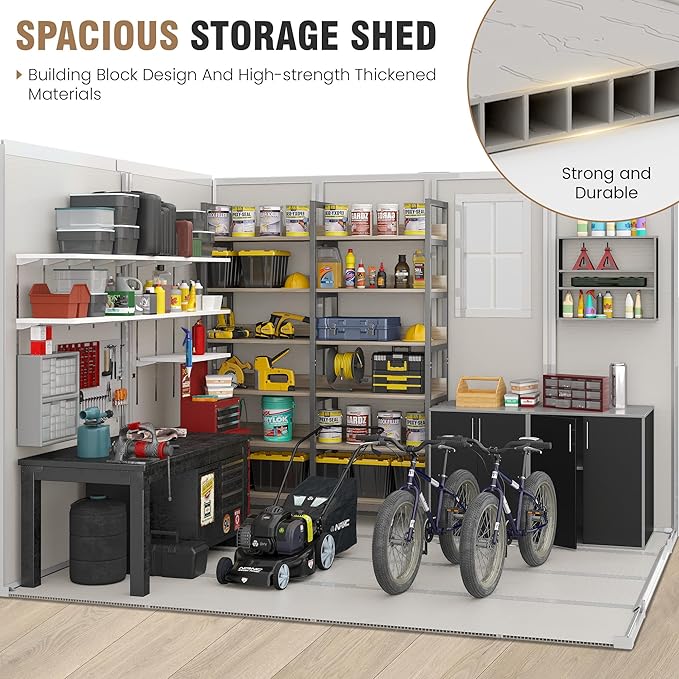Amopatio 8x8 Storage Shed, Resin Outdoor Shed with Floor Included, Plastic Sheds Outdoor Storage for Bike, Garden Tools, Sheds & Outdoor Storage with Lockable Door, Window & Vents, Sandstone