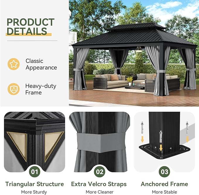 Aoxun Hardtop Gazebo 12x16 with Gutter, Upgraded Wider Aluminum Outdoor Gazebo with Galvanized Steel Double Roof, Patio Permanent Metal Pavilion with Netting and Privacy Curtain