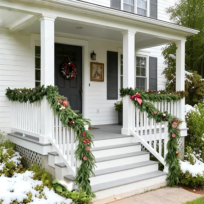 9 Ft Norfolk Pine Garlands, Real Touch Winter Pine Garland, Dense Green Artificial Greenery Garland for Table, Mantle, Staires, Wall, Indoor, Outdoor Christmas Decorations