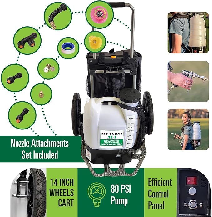 Backpack Sprayer - MY4SONS M4 4-Gallon Battery - Cordless Sprayer with 14-Inch Wheels, Spray Pistol, Adjustable Wand, 15ft Hose, Secure Strap, Rechargeable Power Supply Included, for Lawn and Garden