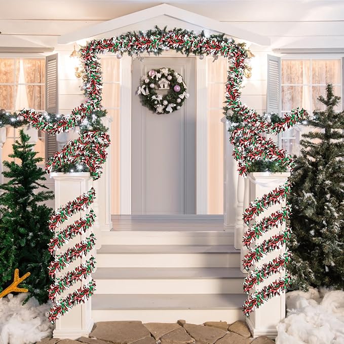 50ft Metallic Tinsel Twist Garland - Christmas Tree Decorations in Red, Green & White