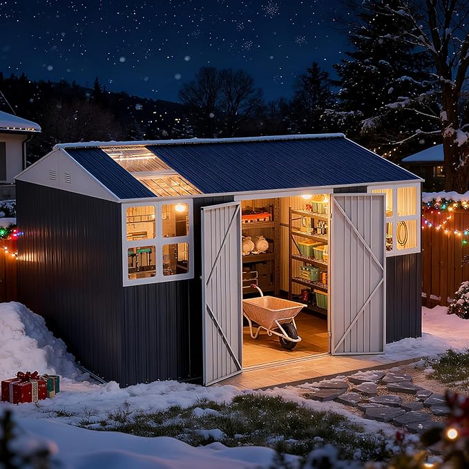 12x10 FT Metal Sheds & Outdoor Storage with Floor: Heavy Duty Garden Sheds with Dual Transparent Roof Panels, 2x4-Pane Windows & Hinged Double Door, Tool Shed w/Base for Backyard, Garden, Patio, Grey