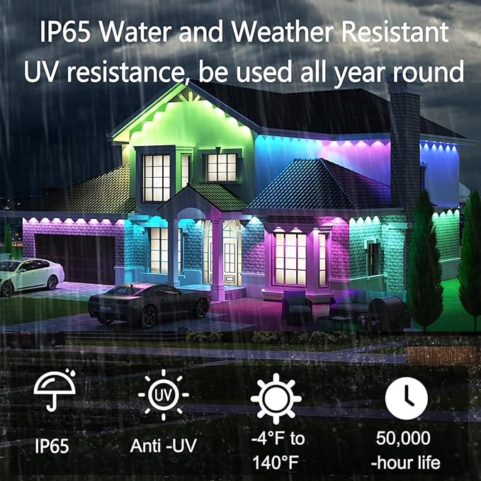 100ft RGB Permanent Outdoor Lights,with 60 LED IP65 Waterproof Smart Christmas Lights for Outdoor Decor with 63 Scene Modes for Halloween Christmas Birthday Holiday Party (100FT 60LED)