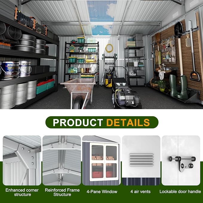 12x10 FT Metal Sheds & Outdoor Storage: Heavy Duty Garden Sheds with Dual Transparent Roof Panels, 2x4-Pane Windows & Hinged Double Doors, Weatherproof Tool Shed for Backyard, Garden, Patio, Grey