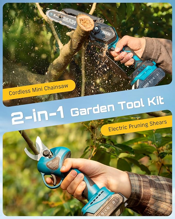 SEESII Mini Chainsaw & Electric Pruning Shears Combo, 6-inch Brushless Handheld Power Chain Saw, 1.2¡± Cutting Cordless Pruner for Tree Trimming, Tools Kit with 2x2000mAh Batteries, Fast Charger