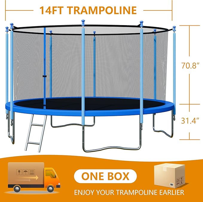Trampoline Outdoor 12FT 14FT with Enclosure and Ladder, ASTM Approved Recreational Trampoline for Kids and Adults, Anti-Rust Coated Frame