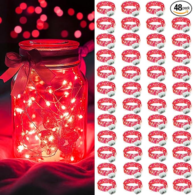 AIKEI 48 Pack LED Fairy Lights Battery Operated, Fairy String Lights 3 Modes Waterproof 7 Feet 20 Led Firefly Starry Lamps for Wedding Party Bedroom Garden Valentines Christmas Decoration Red
