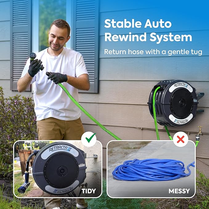 Macnaught Retractable Garden Hose Reel, 60 Ft Water Hose Reel Heavy Duty Retractable Hose with Metal 180¡Æ Swivel Rotation Bracket for Wall Mount - Gray