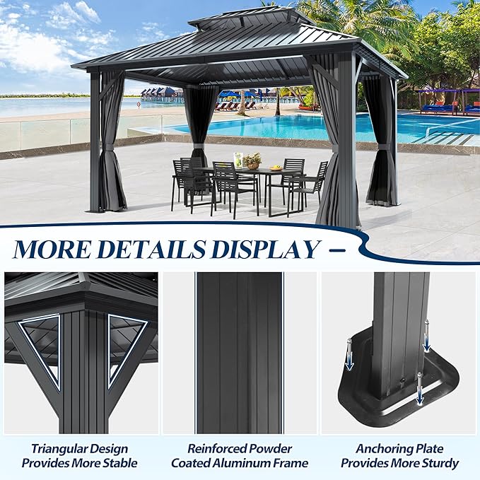 COVERONICS 12' x 14' Outdoor Galvanized Hardtop Gazebo - Aluminum Heavy-Duty Double Roof Vented Gazebo with Breathable Netting & Privacy Curtains for Patio, Porch, Garden, Lawn