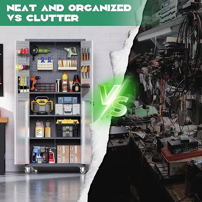 Garage Metal Storage Cabinet,71 Rolling Tool Cabinet with Pegboard and 3 Adjustable Shelves,Heavy-Duty Shelving Unit with Lockable Doors for Garage,Workshop,Home & Office Organization