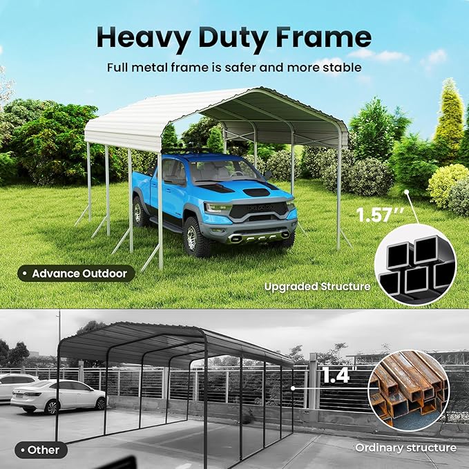 10X15ft Heavy Duty Metal Carport – Outdoor Galvanized Garage, Sturdy Structure, All-Weather Protection, Easy Assembly for Cars, Trucks, Boats, Tractors, and Outdoor Storage (Beige, 10x15FT)