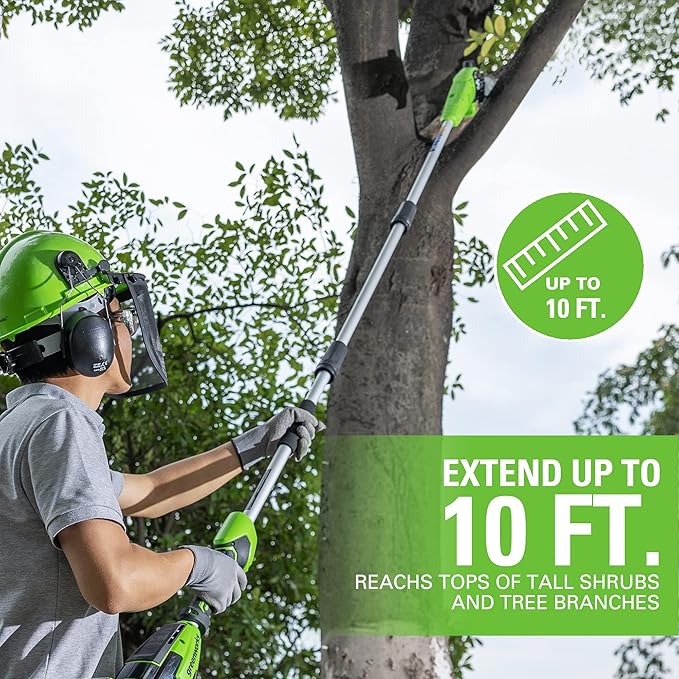 Greenworks 24V Brushless 10 Cordless Polesaw + Pole Hedge Trimmer Combo (Great For Pruning and Trimming Branches / Shrubs), 4.0Ah Battery and Charger Included
