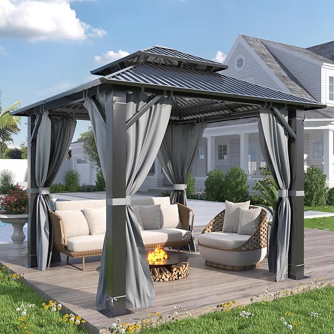 COVERONICS 8.5' x 8.5' Outdoor Hardtop Gazebo - Aluminum Heavy-Duty Double Roof Vented Gazebo with Breathable Netting & Privacy Curtains for Patio, Porch, Garden, Lawn