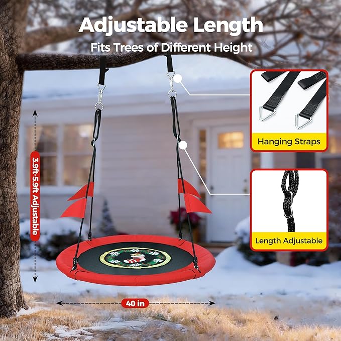 PACEARTH 40 Inch Flying Saucer Tree Swing, 900lb Weight Capacity, Sturdy Outdoor Swing Set with 2 Tree Straps, Safe and Durable Swing Seat for Children, DIY Package, Christmas Color Palette, Red