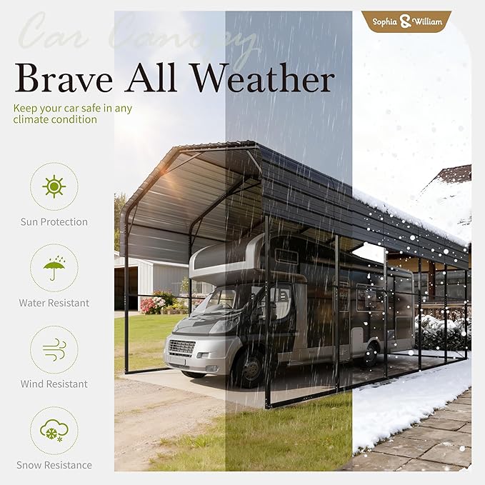 Sophia & William 14x25x13FT Heavy-Duty RV Carport Extra-Tall Shelter for Class A/B/C RVs, Trailers & More (Galvanized Steel Roof), Dark Grey