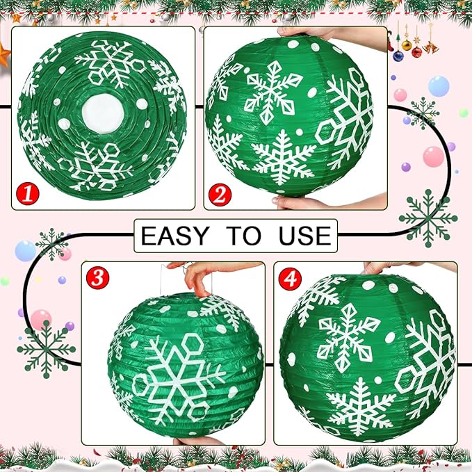 12 Pack Christmas Party Paper Lanterns 12 Inch Xmas Hanging Paper Lanterns, Snowflake Printed Round Lanterns for Xmas Home Party Wedding Holiday Decoration