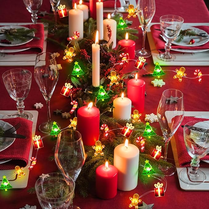 Christmas Lights Battery Operated 12FT 32 LED Xmas Tree Gingerbread Man Candy Cane Gift Box Xmas String Lights, Christmas Fairy Lights for Tree Light Decorations Table Home Indoor Holiday Decor