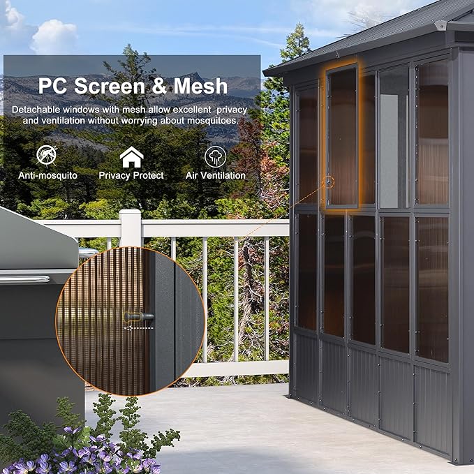 PURPLE LEAF 12' X 14' Solarium Sunroom Permanent Hardtop Gazebo Galvanized Steel Double Roof Aluminum Outdoor Screen House for Lawn Deck Backyard Grey
